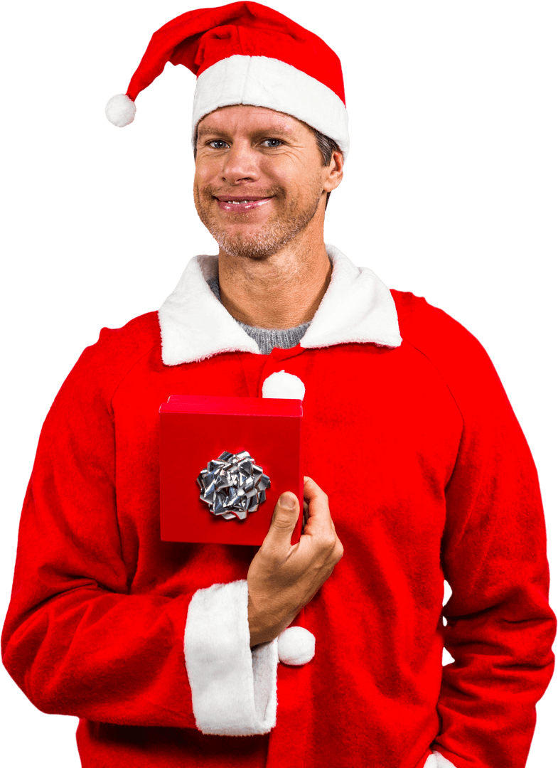 Smiling Man Holding Gift in Santa Costume on Transparent Background