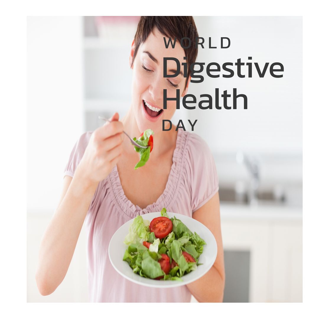 World Digestive Health Day with Woman Eating Healthy Salad - Download Free Stock Templates Pikwizard.com