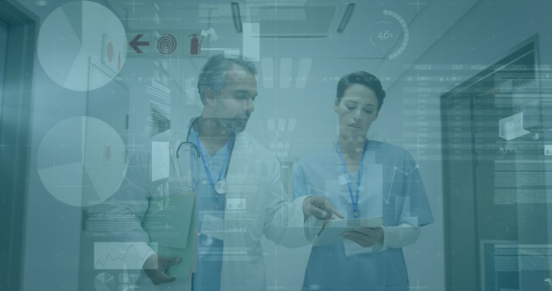 Doctors Analyzing Medical Data Overlay in Hospital Corridor