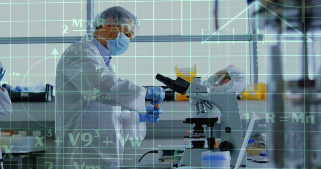 Scientists Collaborating in Laboratory with Digital Data Overlays