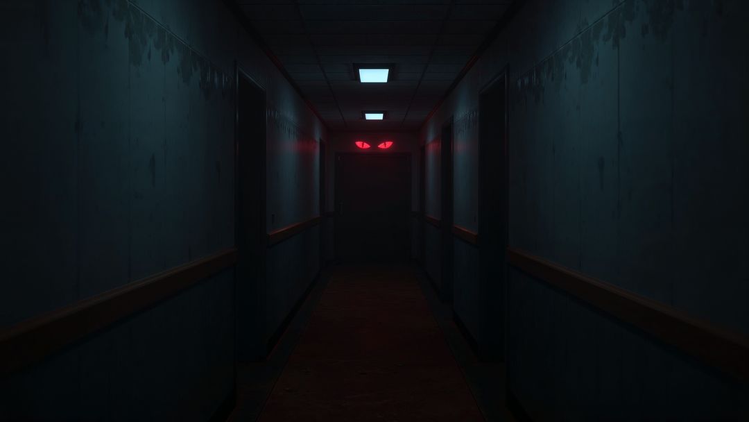Eerie Corridor with Glowing Red Eyes Menace
