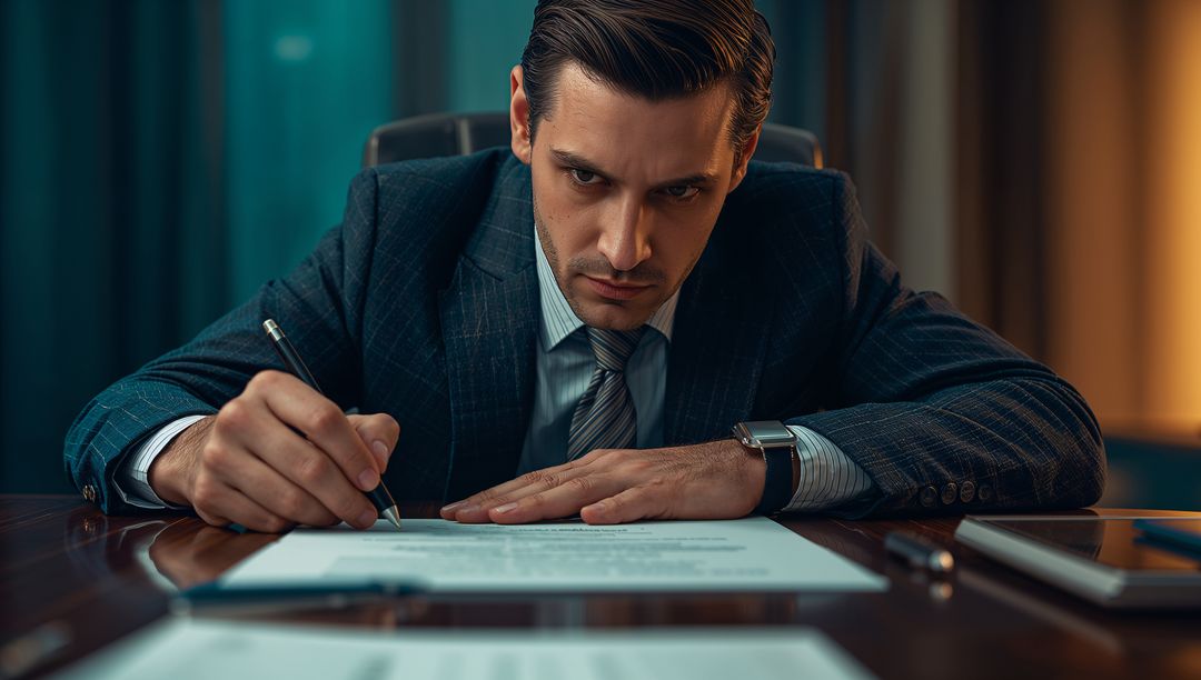 Businessman in Pinstriped Suit Signing Contract at Office Desk