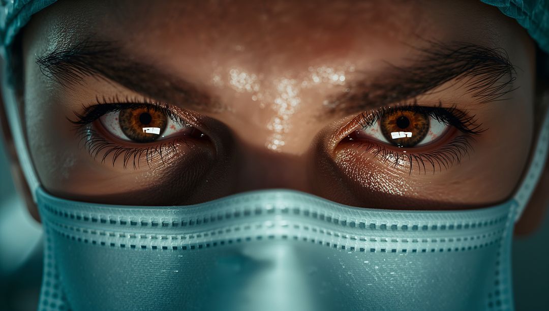 Intense Surgeon Focus With Scrub Cap and Mask