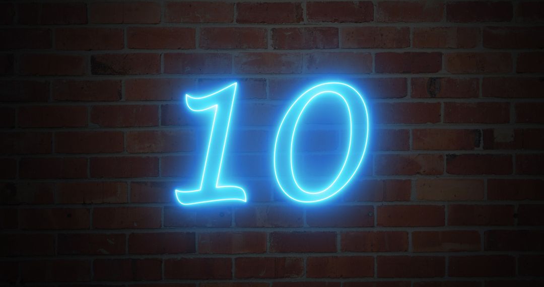 Neon Number 10 Glowing on Brick Wall