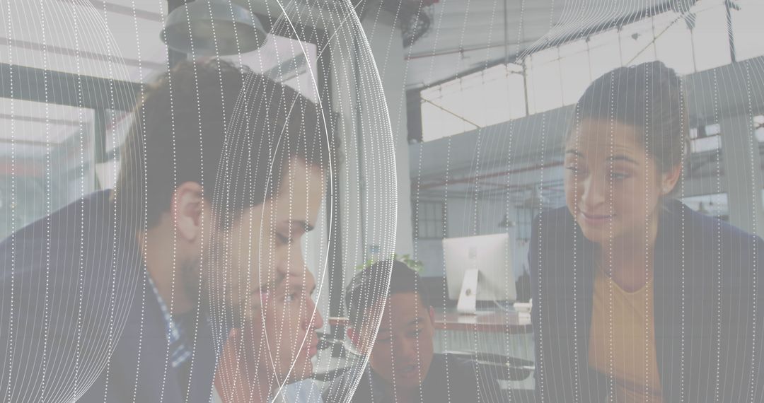 Diverse Team Collaborating with Digital Interface Overlay