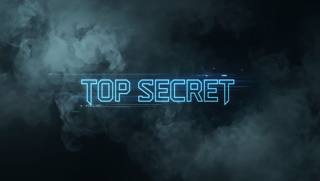 Glowing Top Secret Holographic Text Hovering in Cyberpunk Smoke with Neon Cyan Glitch