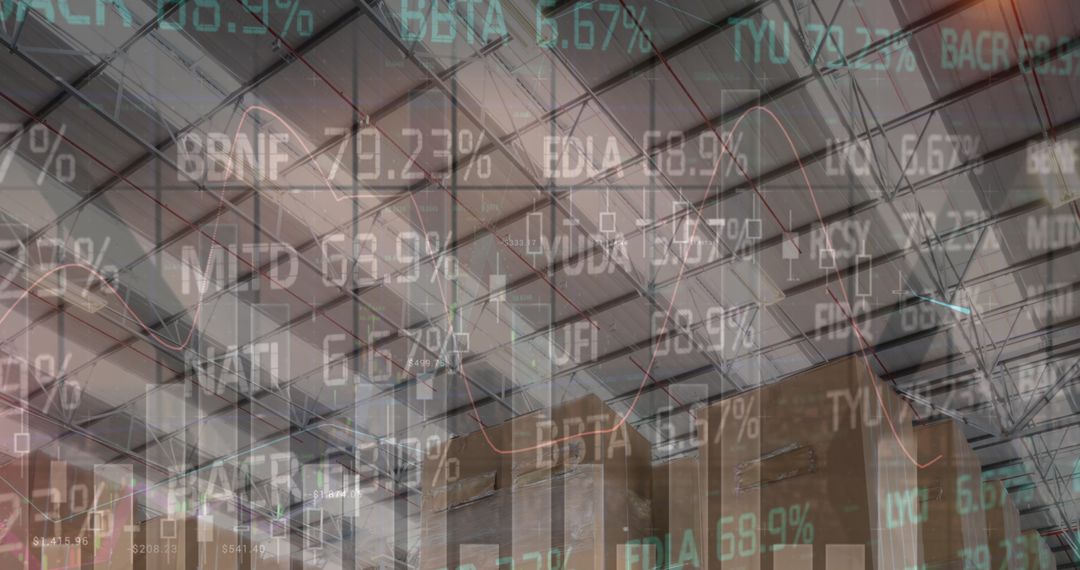 Financial Data Overlaid on Empty Warehouse Interior