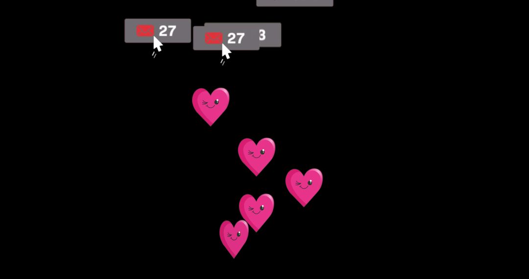 Social Media Interaction with Hearts and Notifications on Black Background