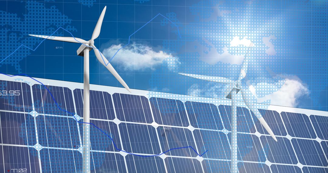 Financial Data Overlay on Solar Panels and Wind Turbines