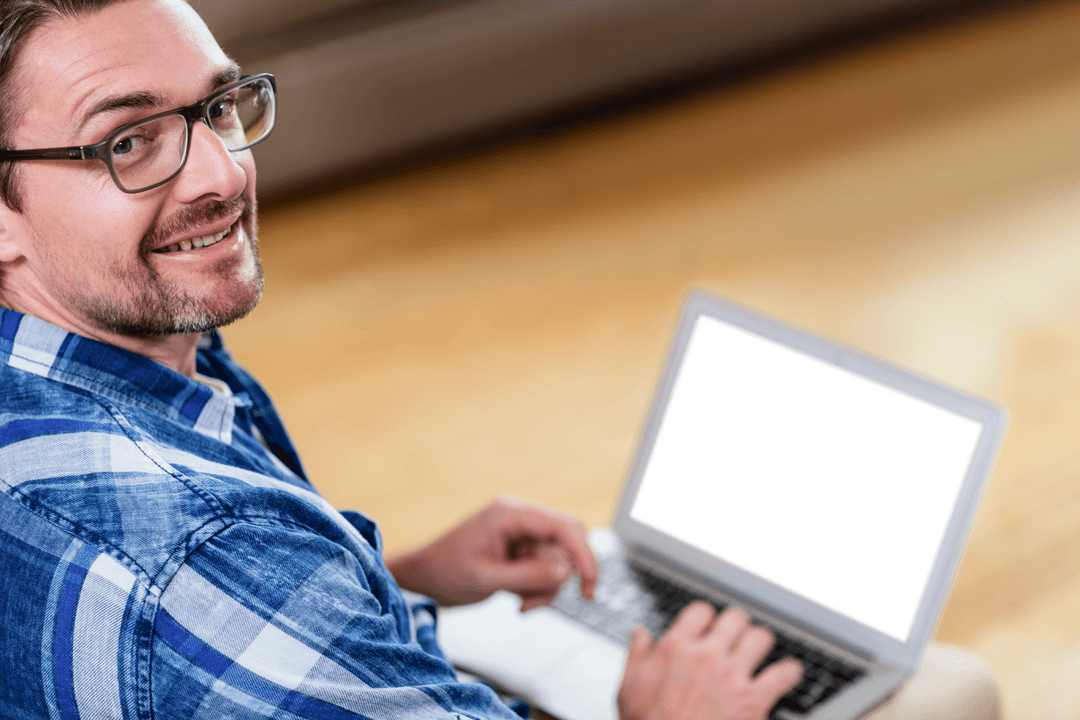 Smiling Man with Transparent Laptop Display Background
