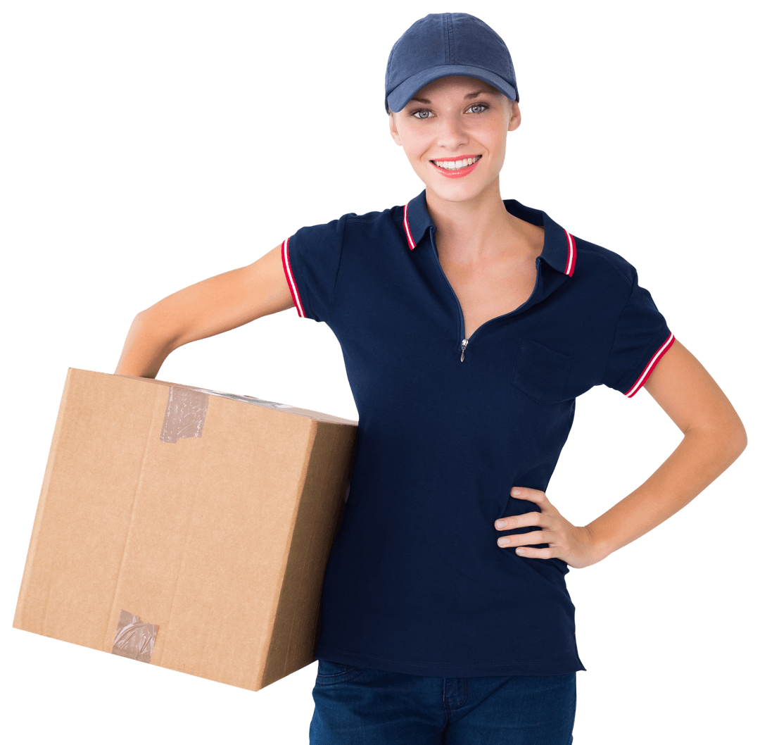 Transparent Smiling Courier Woman Carrying Package Delivery Service