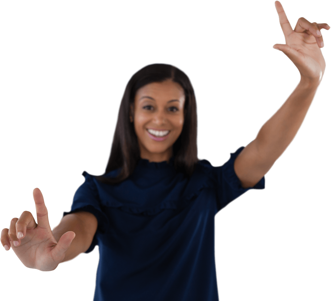 Smiling Businesswoman Forming Word with Fingers on Transparent Background