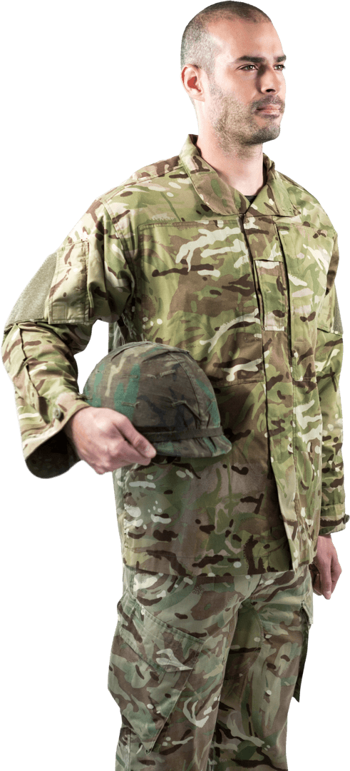 Transparent Confident Soldier Holding Military Helmet
