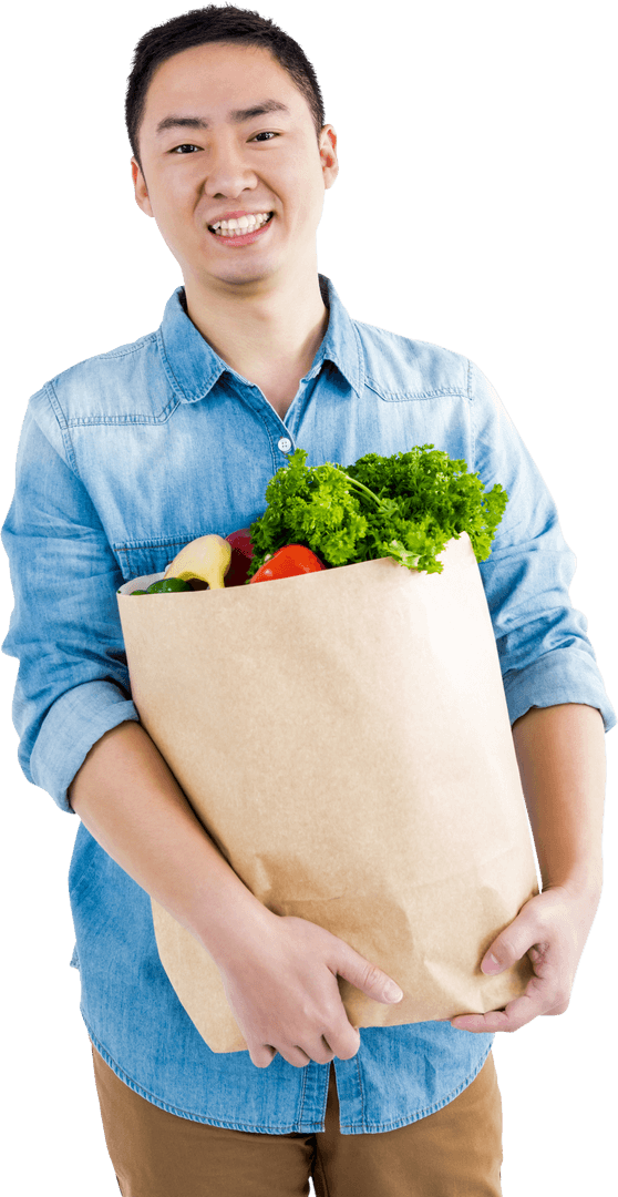 Happy Man Holding Grocery Bag with Fresh Vegetables Transparent Background