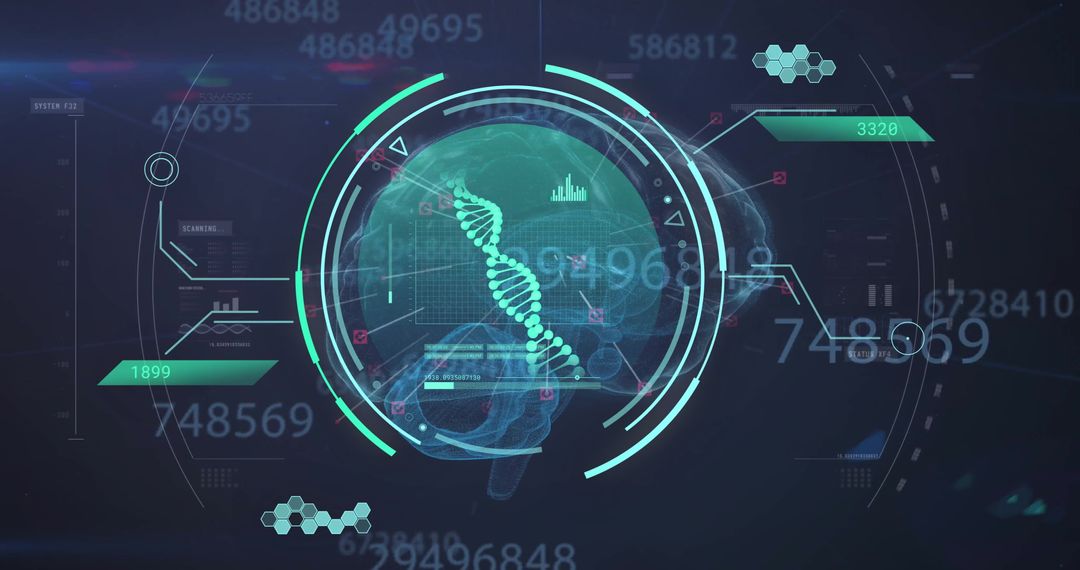 Futuristic Digital Interface with DNA and Data Analysis