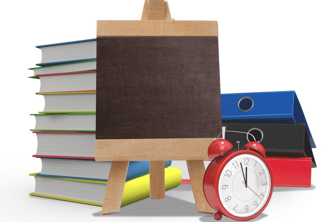 Educational Blackboard with Books and Alarm Clock on Transparent Background