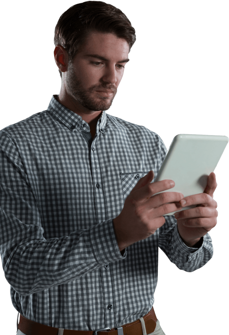 Focused Man Using Digital Tablet With Transparent Background
