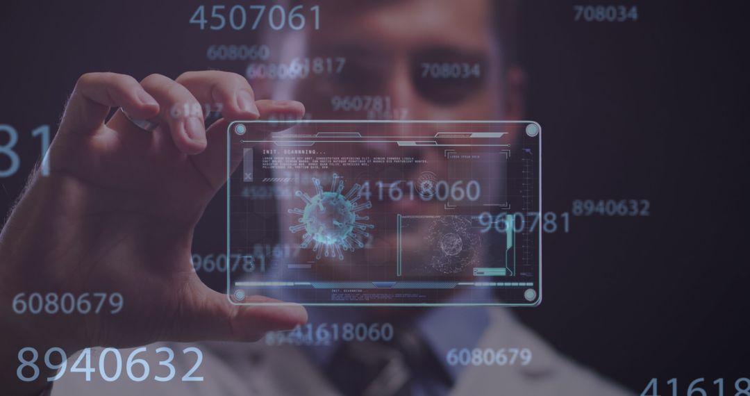 Doctor Analyzing COVID-19 Data on Transparent Digital Screen