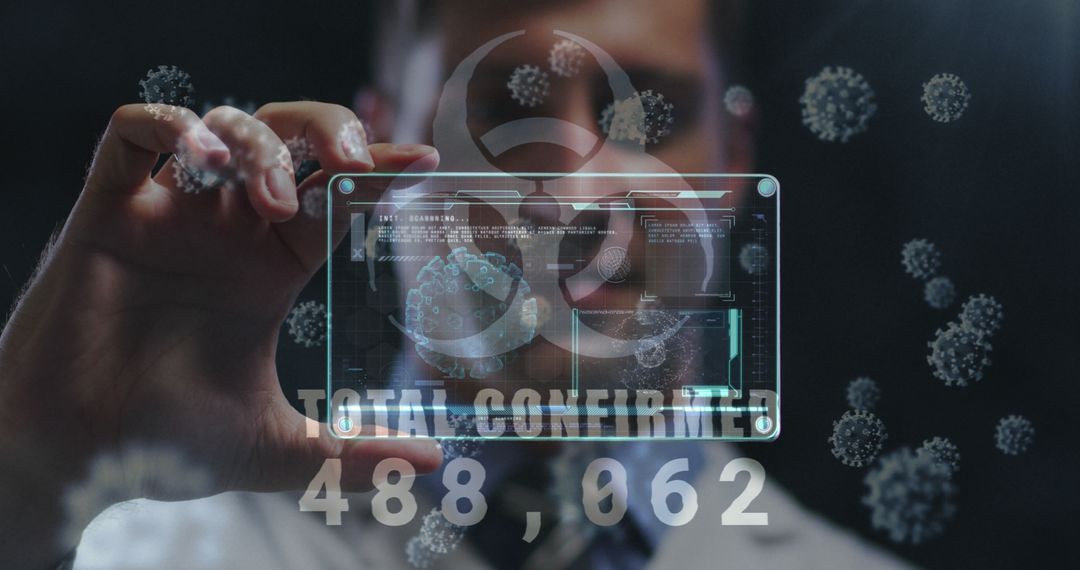 Doctor Holds Futuristic Screen Displaying COVID-19 Stats with Virus Cells