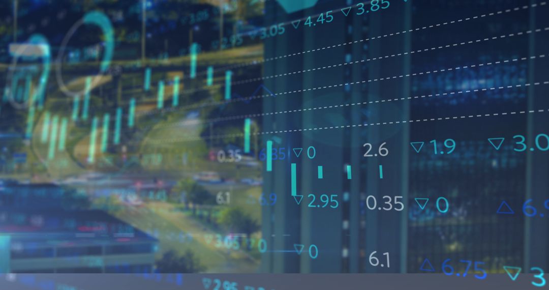 Financial Graphs Overlaying Cityscape with Technology Concepts