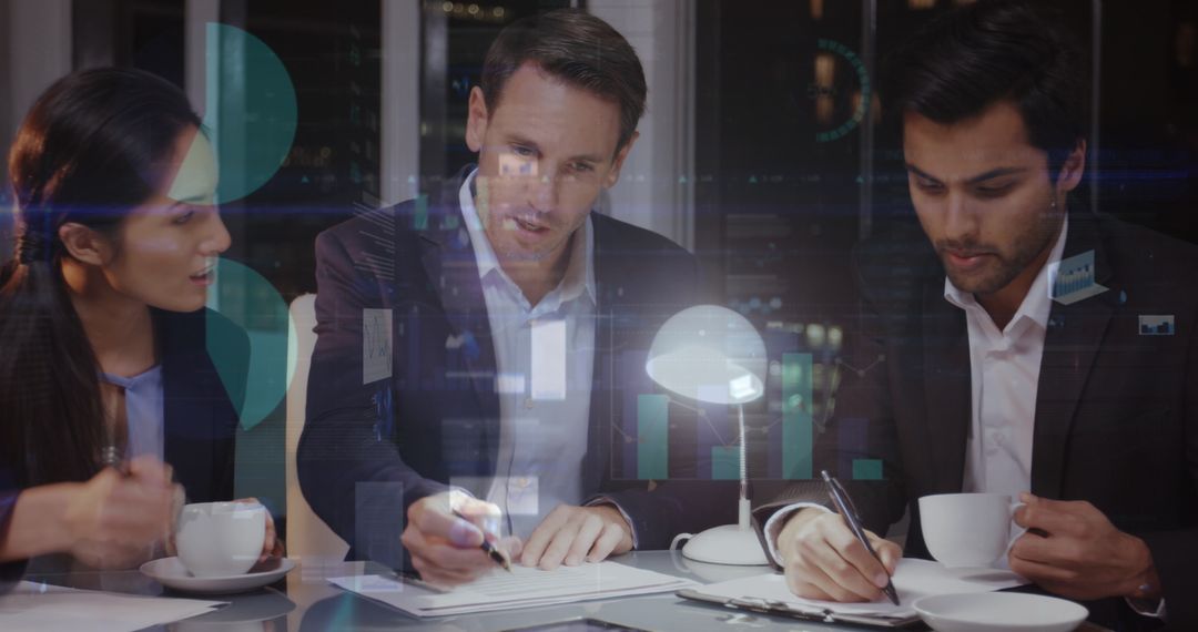 Business Team Analyzing Financial Data with Technology Interface