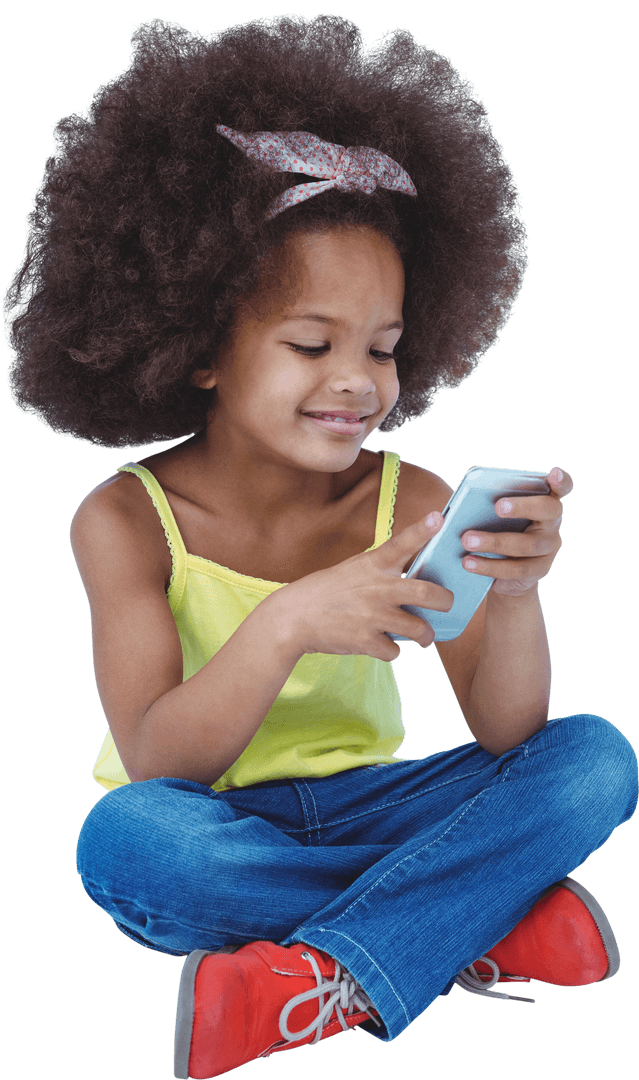 Transparent Cheerful Child Sitting Using a Smartphone