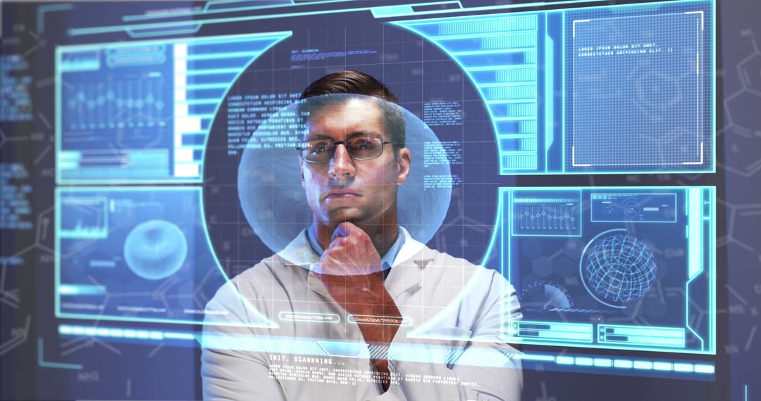 Scientist Analyzing Futuristic Digital Interface in a High-Tech Laboratory