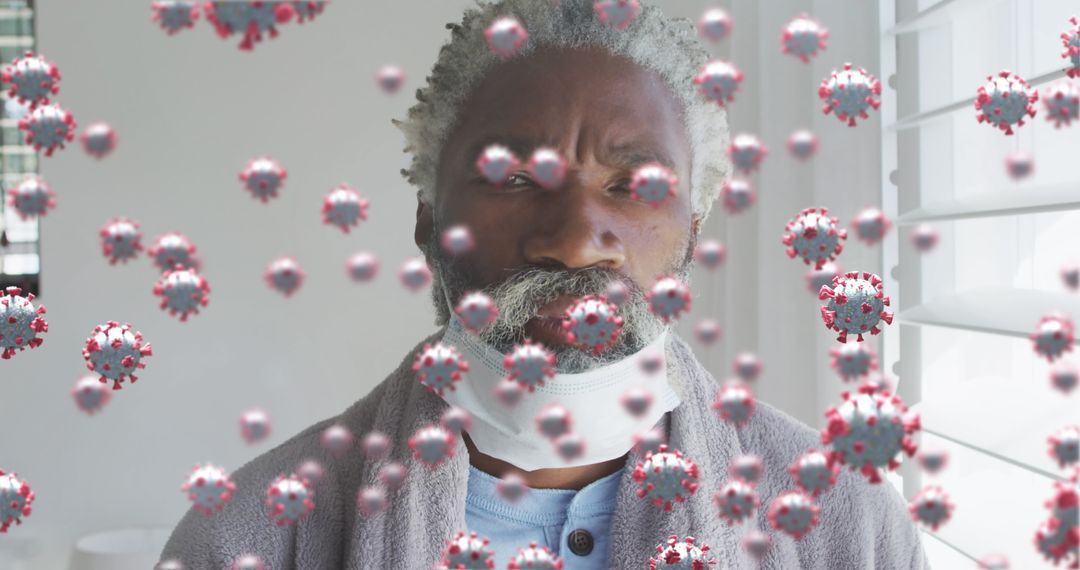 Senior Man Wearing Mask with Floating Viruses During Pandemic