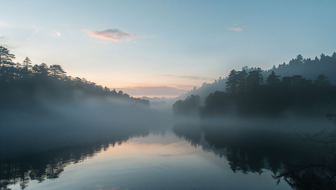Misty Lake Reflection at Dawn with Fog and Diaphanous Glow