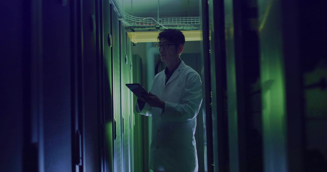 Technician in Server Room Analyzing Data on Tablet