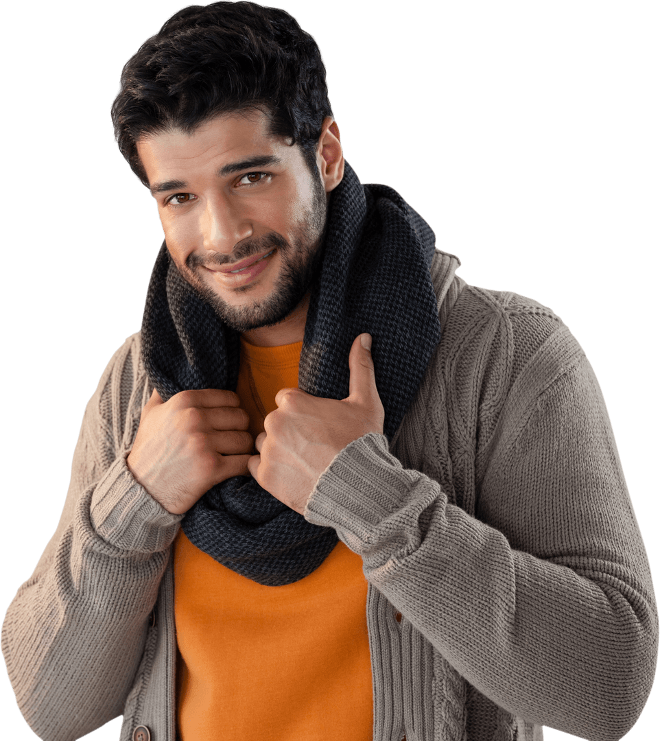 Smiling Man Wearing Cozy Outfit and Warm Scarf on Transparent Background