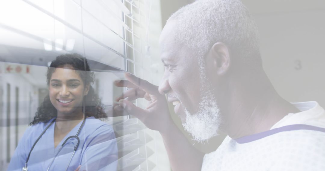 Senior Patient Smiling in Hospital Window Reflection with Caring Doctor
