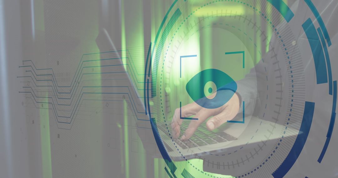 Cybersecurity Concept with Iris Scanner and Engineer in Server Room