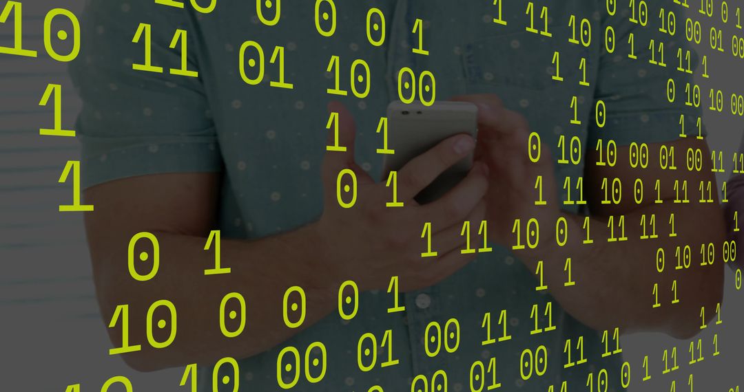Man Interacting with Smartphone Overlaid with Binary Code