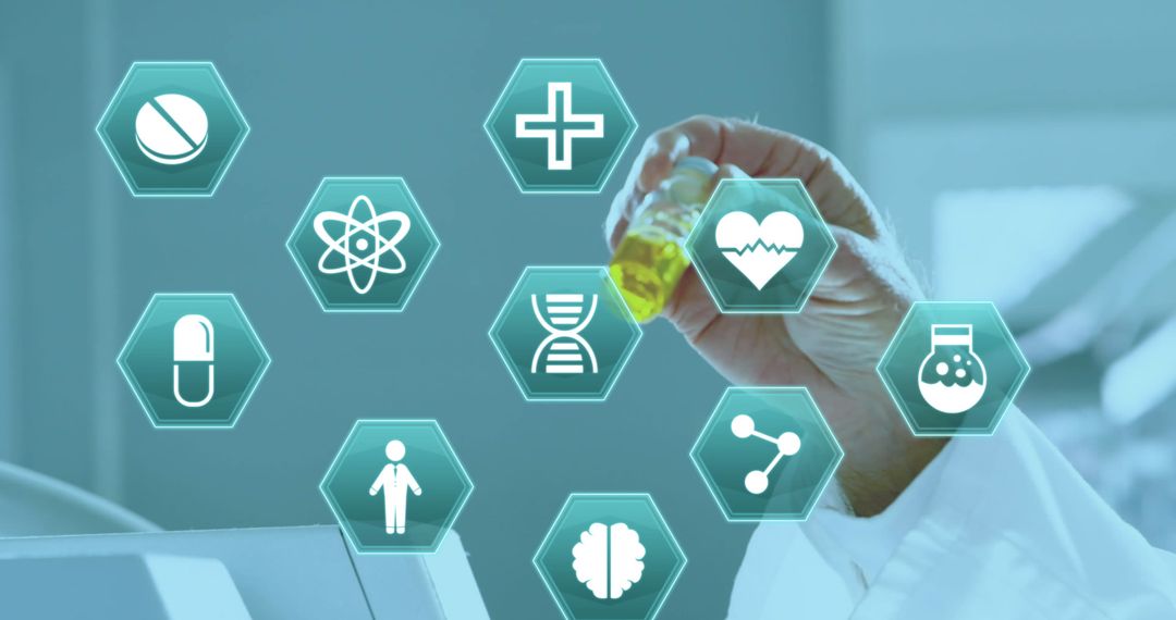 Scientist Analyzing Data Icons Showcasing Healthcare Innovation