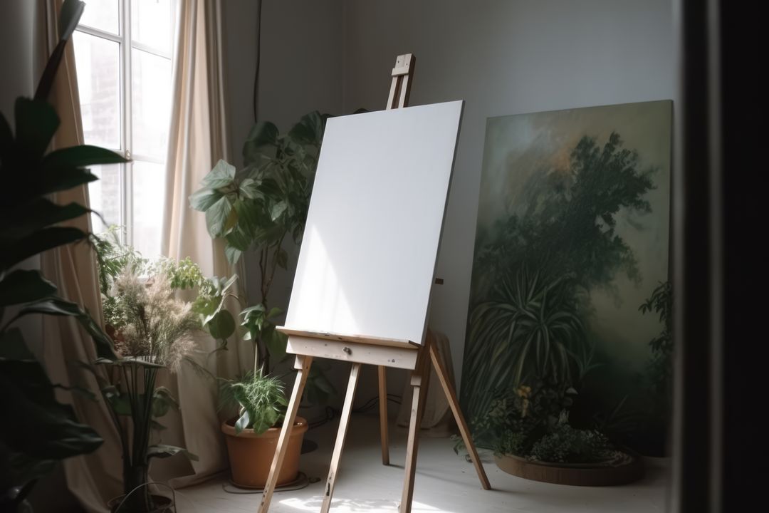 Blank canvas on easel by window in sunny room with plants, created using generative ai technology - Free Images, Stock Photos and Pictures on Pikwizard.com
