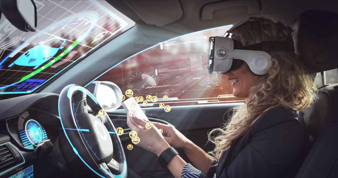 Woman Engaging with Virtual Reality in Autonomous Vehicle
