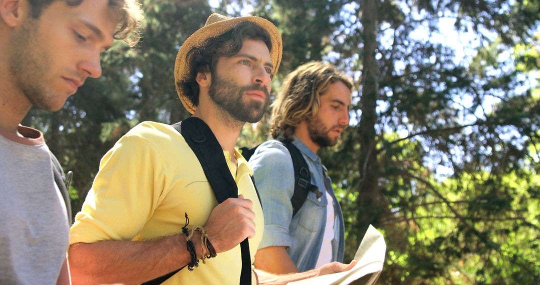 Young Men Hiking and Navigating Nature Trail