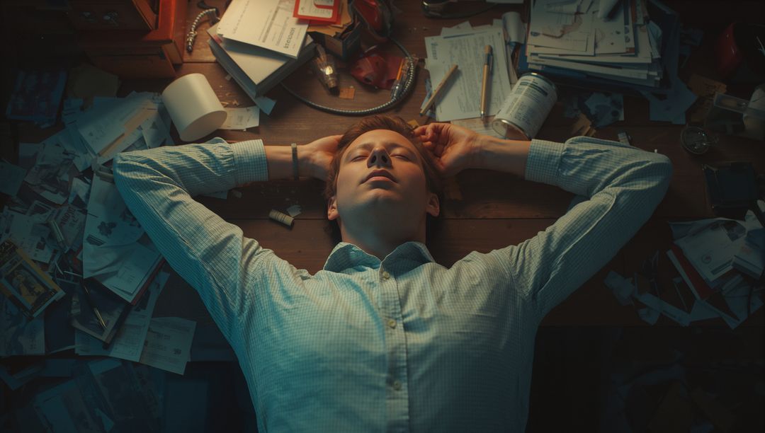 Relaxed Man Lying on Office Desk Amidst Clutter