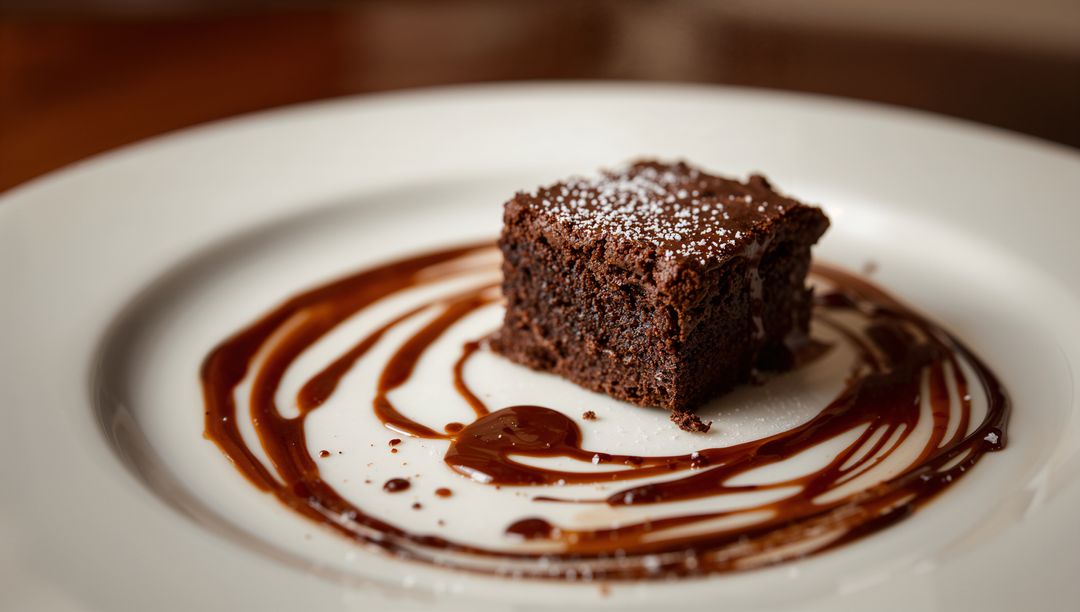 Decadent chocolate brownie square plated on caramel swirl with powdered sugar dusting