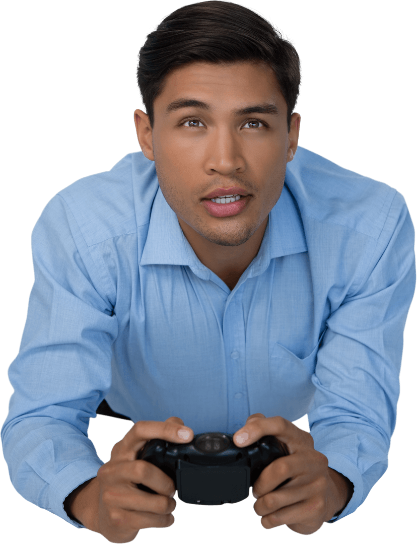 Man in Blue Shirt Transparently Playing Video Game