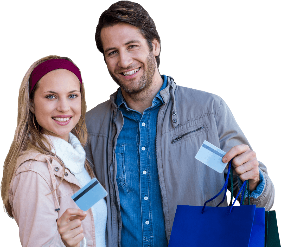 Smiling Couple Holding Cards with Purchases on Clear Background