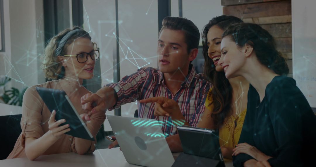 Diverse Team Collaborating with Digital Technology and Data Visualization