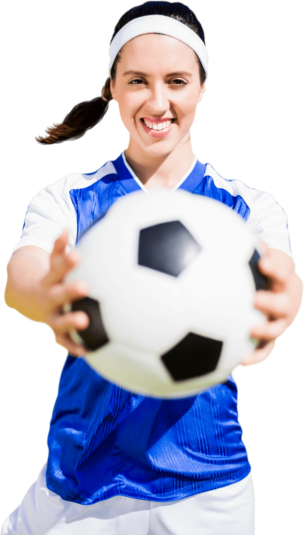 Caucasian Female Soccer Player Holding Ball on Transparent Background