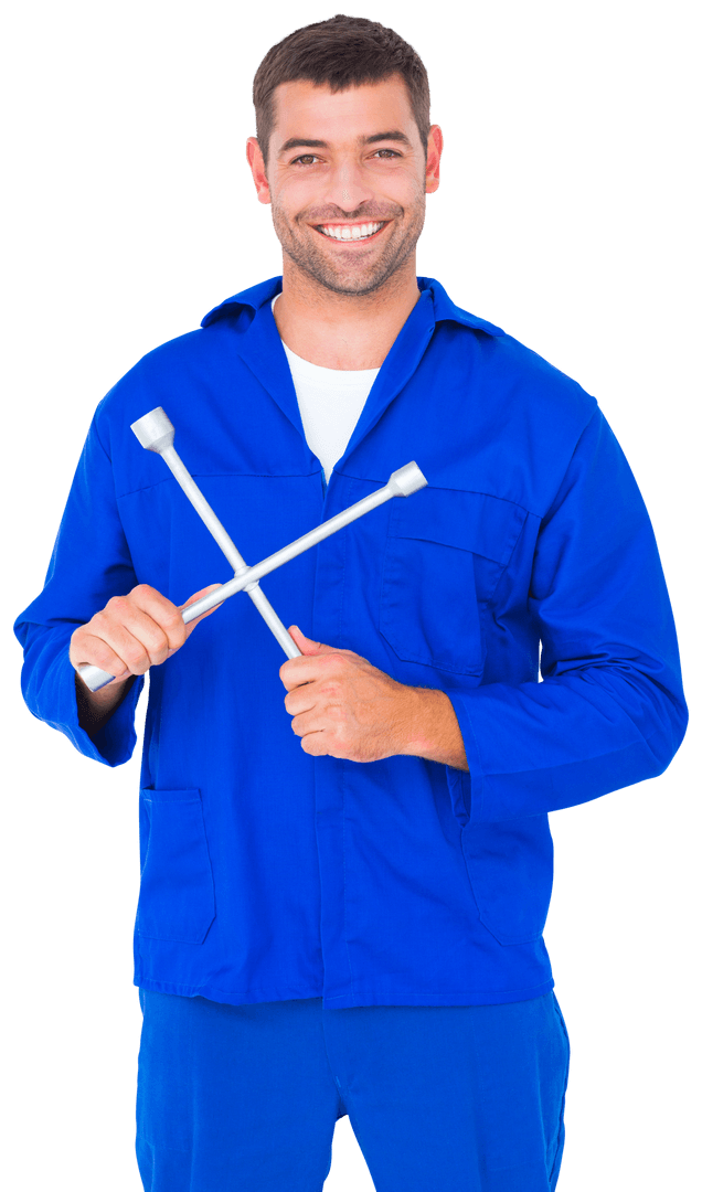 Smiling Mechanic in Blue Uniform Holding Transparent Lug Wrench