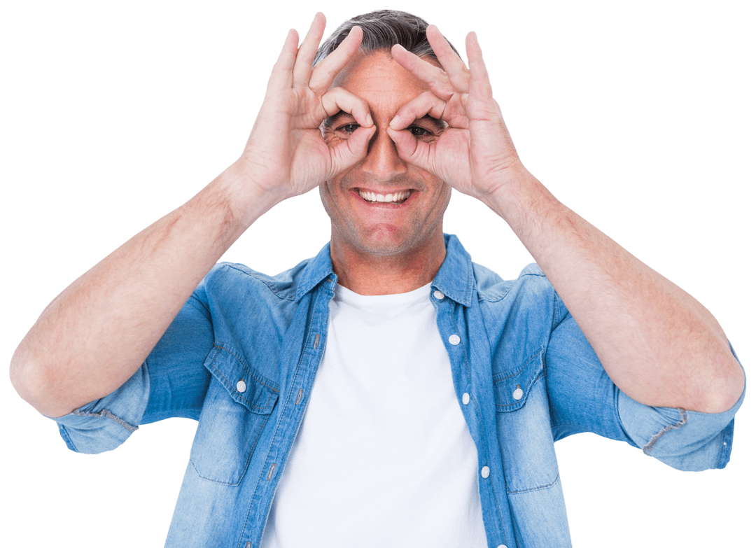 Smiling Command man Making Eyeglasses Gesture With Hands in Transparent Background