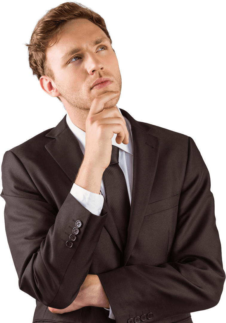 Thoughtful Businessman in Suit Reflecting, Isolated on Transparent Background