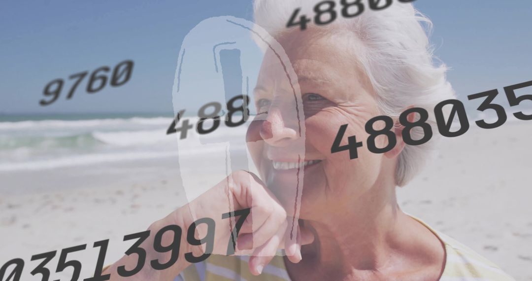 Smiling senior woman holding chin on sunny beach with numeric overlay and sandal outline