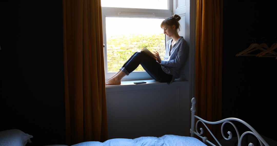 Woman Relaxedly Reading at Window, Afternoon Light