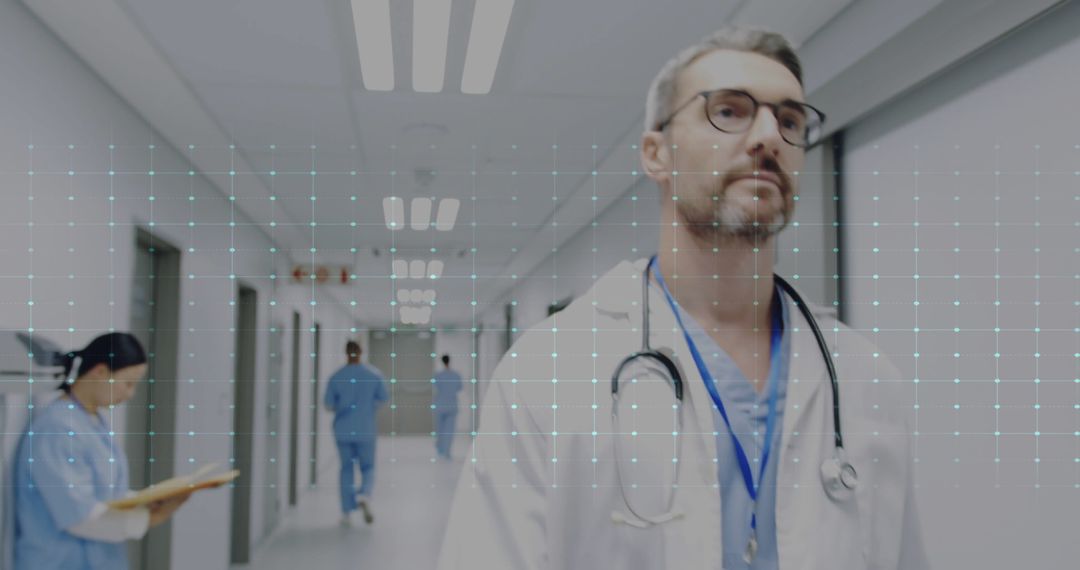 Caucasian Doctor Walking in Hospital with Digital Cardiograph Interface